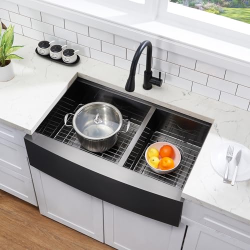 Image of SHACO Double Bowl 60 /40 Black Farmhouse Sink, 33x22 Inch Stainless Steel Apron Front Divided Double Basin Farmhouse Kitchen Sink, Gunmetal Black Farm Workstation Sink