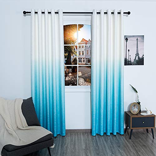 QINUO HOME 90 Drop Faux Linen Lined Gradual Change Printed curtains - Room Darkening Eyelet Thermal Insulated Curtains for Infant Care Curtains, 1 Pair, 66 inch by 90 inch,Blue