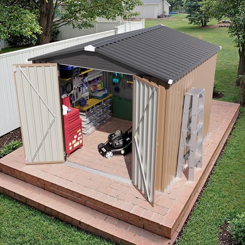 Image of JUMMICO 8x8 FT Outdoor Storage Shed, Tool Metal Sheds, Brown | Lockable Door, Sloping Roof, Waterproof Utility Garden Shed for Backyard Patio Lawn, 7.5x7.5 FT