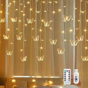 TETSMG Lichtervorhang Schmetterling, 3.5M 96 LED Frühlingsdeko Lichtervorhang Innen, Lichterketten Vorhang USB 8 Modi, Lichterkette Vorhang mit Fernbedienung Timer für Frühling Zimmer Deko (Warmweiß)