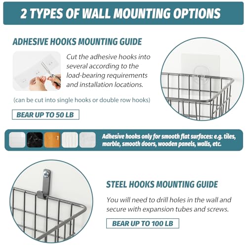 [2 Wall Mounting Options], 4 Set EXTRA LARGE Hanging Wall Mount Basket for Storage with Adhesive Hooks & Steel Hooks, Sturdy Wire Metal Baskets, Home Kitchen Bathroom Pantry Organizer, Industrial Gray - Thumbnail 2