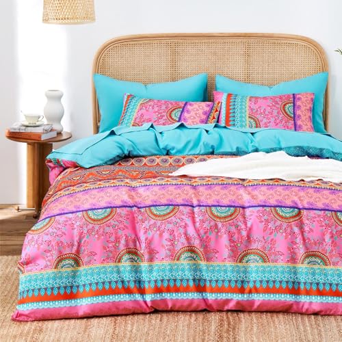 Image of Wake In Cloud - Boho Comforter Set, Bohemian Chic Colorful Medallion with Geometric Botanical Flowers and Horizontal Stripes, Soft Lightweight Bedding, 3 Pieces, Pink Teal, Queen Size