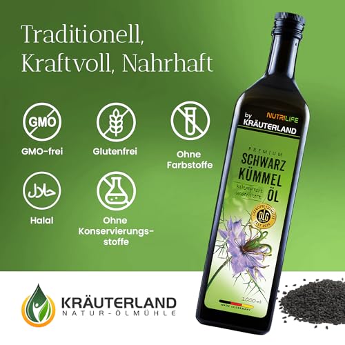 NUTRILIFE by Kräuterland Schwarzkümmelöl 2X1L (2Liter), ungefiltert, 100% Nigella Sativa, naturrein ohne Zusatzstoffe, Omega 3-6-9, kaltgepresst, vegan, mühlenfrisch aus unsrer hessischen Ölmühle