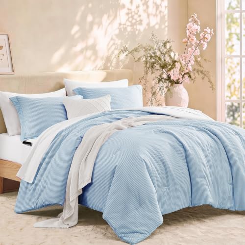 Image of Monbix King Size Comforter Set-7 Pieces Soft Bed in a Bag King Bedding Set | Blue Vertical Ticking Stripe Lightweight All Season Comforter with Sheets, Pillowcases & Shams