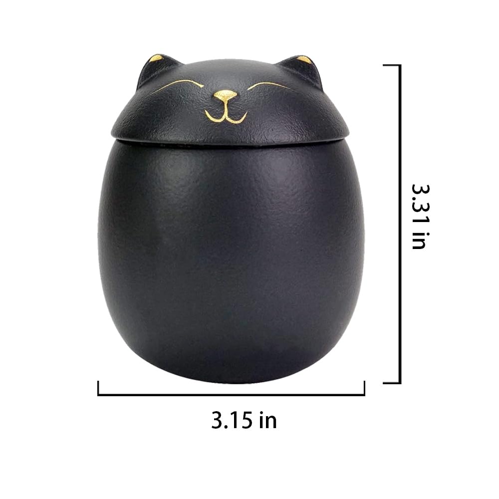 Small Cat-Shaped Ceramic Cremation Urn with Bobblehead Cat Keychain Ashes Holder, Forever Memory Box Funeral Keepsake Memorial Sealed Jar - Black