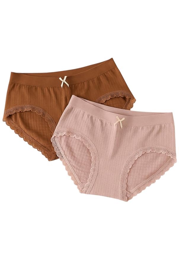 Women's Mid Waist Panties, Cotton Lined, Lace Edge, Black and Brown, Pack of 2-image-12