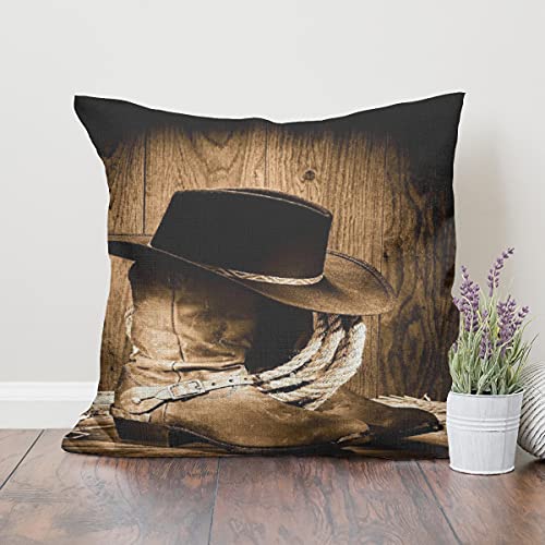 Hatesah Throw Pillow Covers Western Wild West Themed Cowboy Hat And Old Ranching Rope On Wooden Display Rodeo Cowboy Style Pillows Case Square Pillowcase Cushion Cover,18 X 18 Inches #TOP1