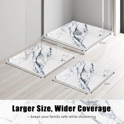 Image of Square Shower Mat Non Slip: 27x27 Inch Shower Floor Mat with Drain Hole in Middle, Super Soft and Comfortable PVC Loofah Massage Bath Mat for Shower, Anti Slip Shower Stall Mat, Quick Drying