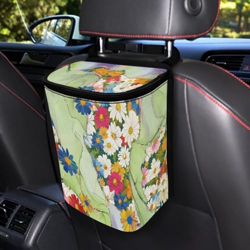 Image of Hippie Flower Green Marble Car Trash Can Bin with Lid,Colorful Groovy Flower Hanging Automotive Garbage Cans Portable Waste Basket Automotive Interior Organizer Accessory