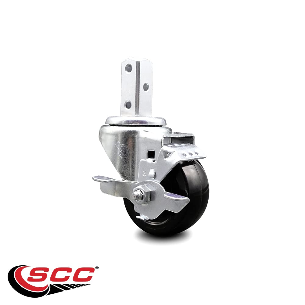 Swivel Square Stem Caster w/3” x 1.25” Black Hard Rubber Wheel – 3/4” x 2” Square Stem with (3) 17/64” Diameter Mounting Holes & Top Lock Brakes – 275 lbs. Capacity/Caster – Service Caster Brand