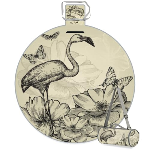 Shimoshe Floral Flamingo Picnic Outdoor Blanket Foldable Waterproof Sandproof Beach Blanket Portable Water-Resistant Round Picnic Mat for Travel Camping Park Lawn