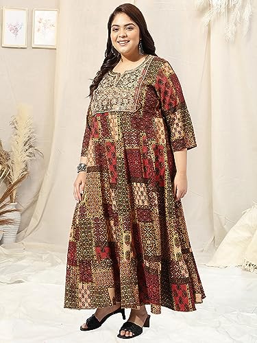 Image of MIRCHI FASHION Women Cotton Regular Plus Size Embroidered Printed Anarkali Kurti