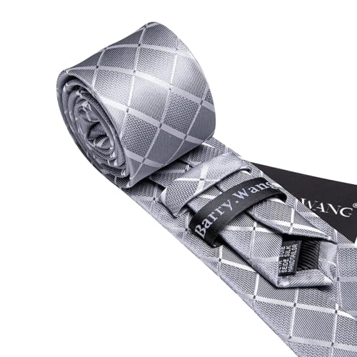 Image of Barry.Wang Plaid Ties for Men Silk Necktie Handkerchief Cuff Links Set