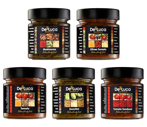 De Luca Family Food: 5 salsas Made in Italy, especiadas y listas para usar. Tomato 220gr, Tomato Tandoori 220gr, Olives Tomato 220gr, Zucchini 210gr, Mushrooms 210gr. Vegetarianos.