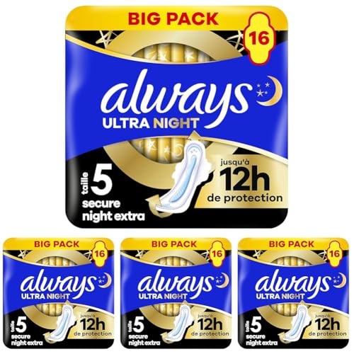 Always Ultra Serviettes Menstruelles Secure Night Extra (taille 5) Avec Ailettes 16 Serviettes,...
