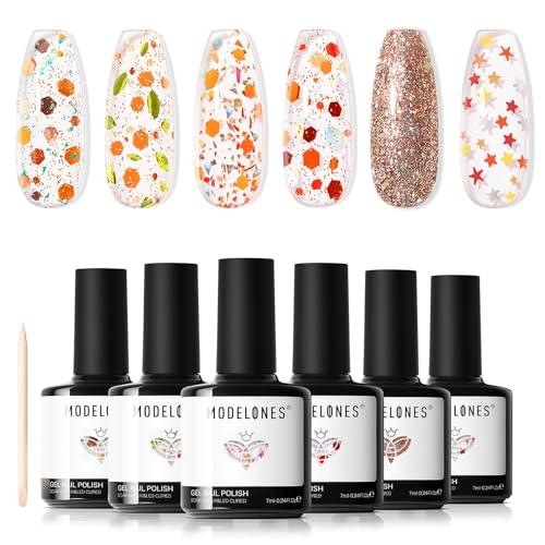 Image of modelones Glitter Gel Nail Polish Set, 6 Colors Geometric Shapes Star Gold Glitter Ornament Gel Polish Collection with Wooden Stick All Seasons Soak Off LED Manicure DIY Gift