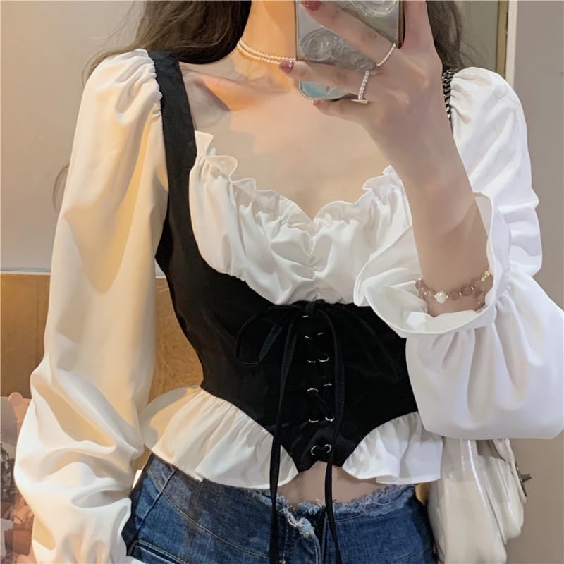 Image of ICW Women French Style Retro Vintage Lace-Up Layered Fake Two-Piece Puff Sleeve Ruffled Crop Blouse Corset Top Dn88