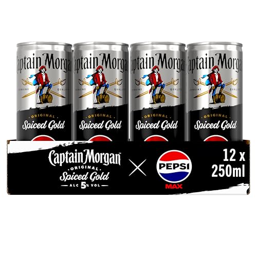 Captain Morgan Original Spiced Gold & Cola | 5% vol | 12 x 250ml | Premixed Rum Based Cocktail in a Can | Fresh Taste of Vanilla & Spice | Best Served Chilled
