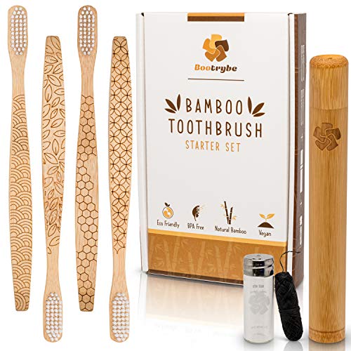 Eco-Friendly Bamboo Toothbrush Set - 4 Engraved Toothbrushes, 1 Bamboo Travel Case, and 1 Charcoal Bamboo Dental Floss