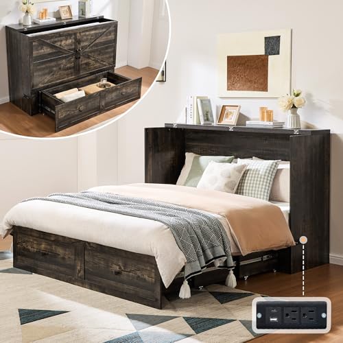 Image of AMERLIFE Queen Murphy Bed Cabinet with Charging Station and Storage, Farmhouse Foldable Platform Bed for Guest Room, Office, Small Spaces, Black Oak