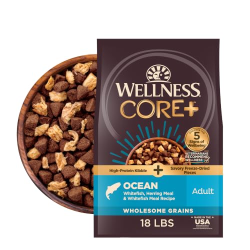 Image of Wellness CORE+ Adult Dry Dog Food with Freeze Dried Pieces, Wholesome Grain Kibble+, Natural, High Protein, Chicken Free, Whitefish, Herring, and Salmon Recipe, 18 lb Bag