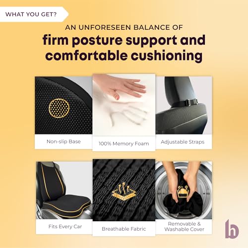 Image of betterhood PosturePro Premium Car Seat Cushion and Backrest Combo | 100% Memory Foam, Cotton Cover, Large Size | Lumbar Coccyx Pillow + Back Support for Back, Tailbone Pain Relief | Ergonomic (Black)
