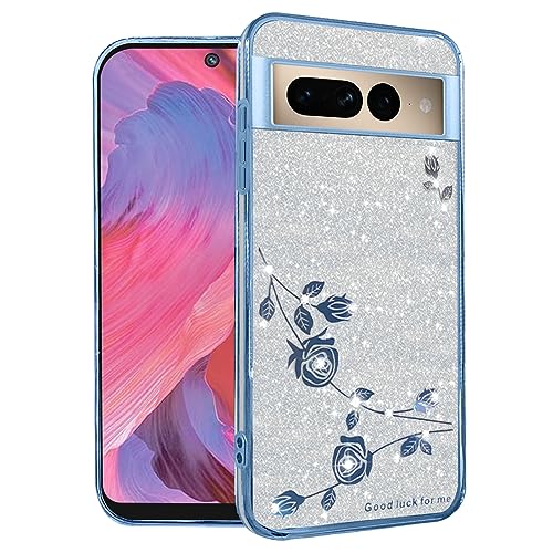 Coque Pixel 7 Pro paillettes en silicone TPU souple floral bleu argenté