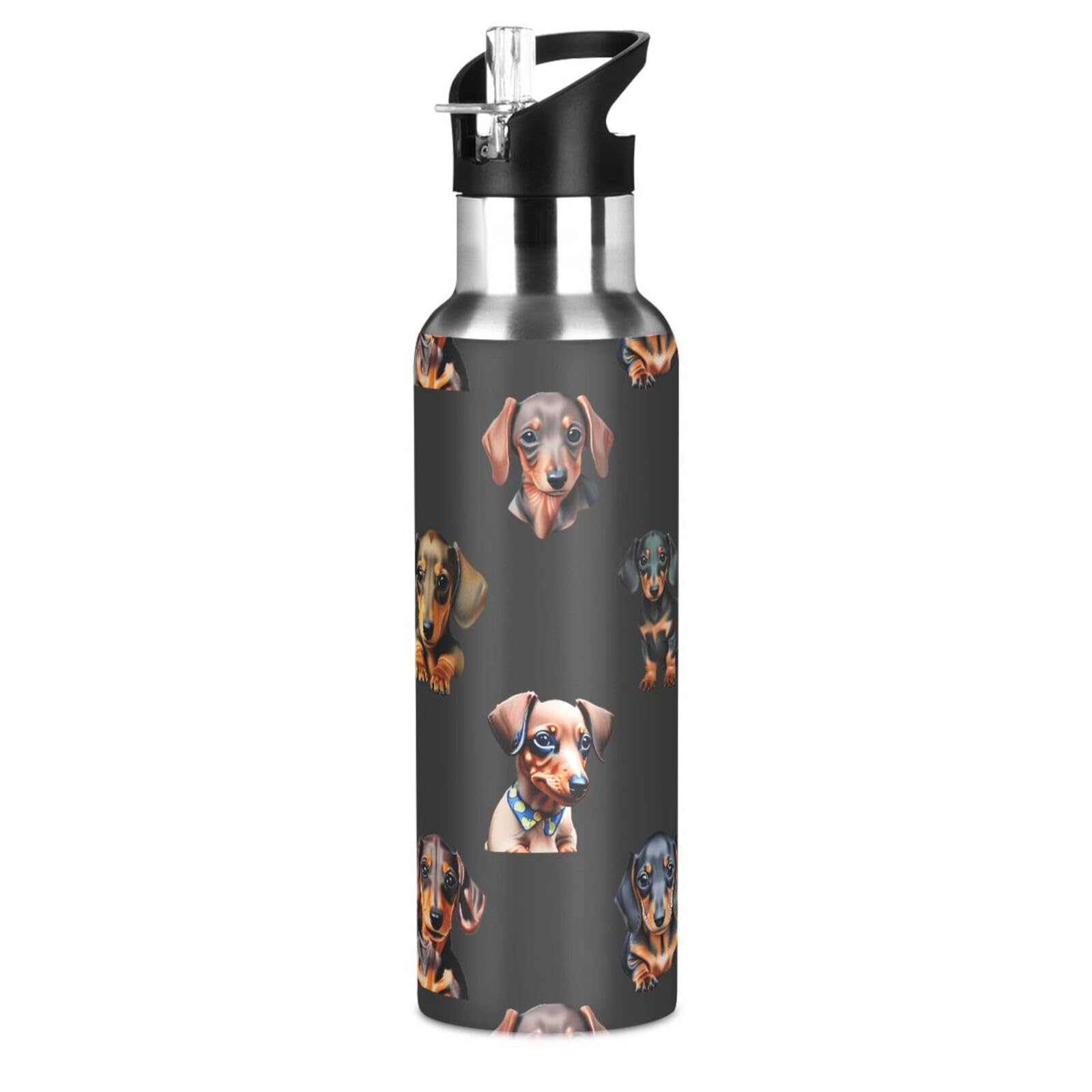 Botella de agua con diseño de perros salchichas para niños y niñas, termo aislado de acero inoxidable, botella de bebida al vacío, con pajilla, a prueba de fugas, deportes, 600 ml
