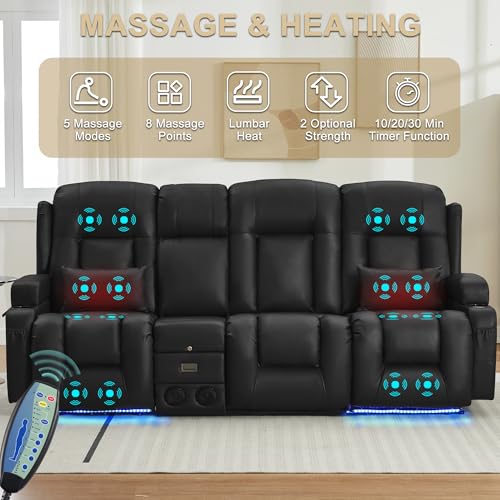 Image of URRED Power Loveseat Recliner Sofa with Massage and Heat, Wall Hugger Reclining Loveseat with Console, RV Couch Home Theater Seating with LED Lights for Living Room (Black, 89.8 inch - 3 Seats)