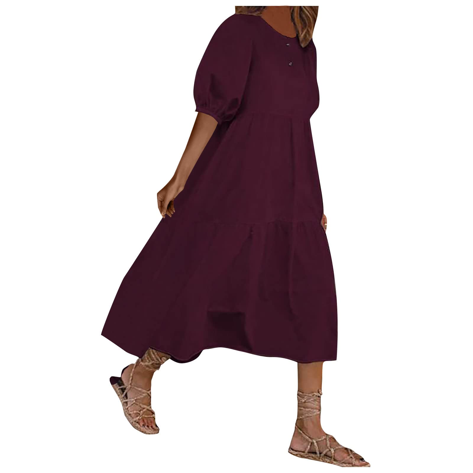 Women's Summer Casual Boho Dress Solid Color Ruffle Puff Sleeve High Waist Midi Beach Dresses Hide Belly Dress