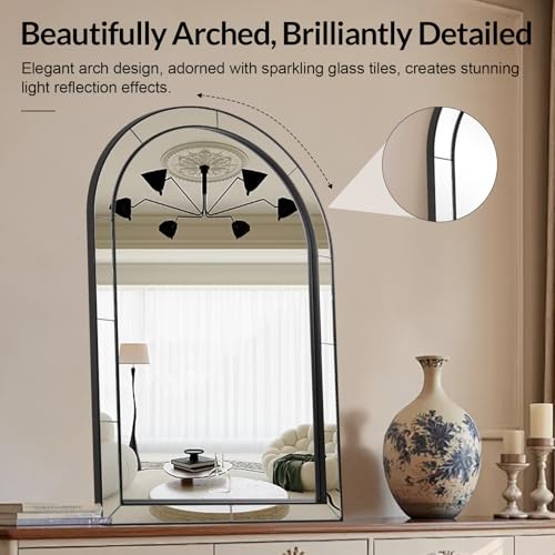 Image of MOON MIRROR Arched Mirror for Bathroom, Bathroom Mirrors for Over Sink, 30x40 inch Matte Black Non-Rusting Vanity Mirror in Delicate Tessellated Glass Design
