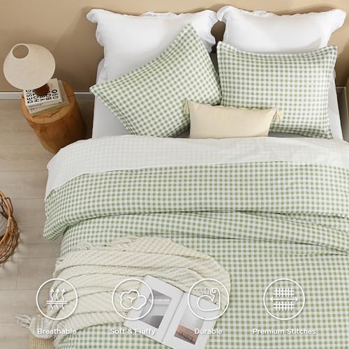 Image of Andency Sage Gingham Comforter Set Full(79x90Inch), Green Checkered Grid Plaid Buffalo Bed Set for Girls Boys Kids Teens, 3 Pieces Lightweight Polyester Geometric Preppy Bedding