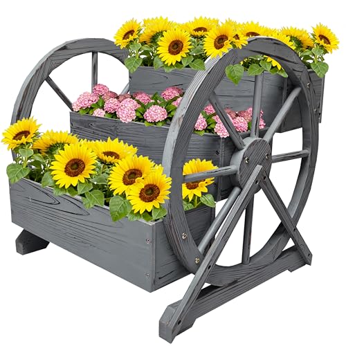 Wooden Wagon Planter Box with Wheels-Rustic Garden Raised Bed for