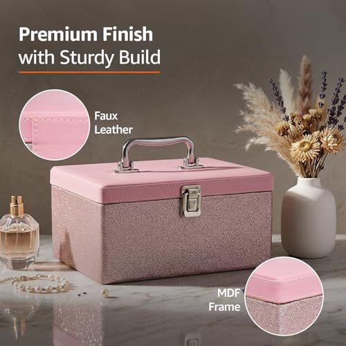 Image of Amazon Basics Bridal Vanity Box - Large Capacity Cosmetic Organizer for Women, Faux Leather & MDF Beauty Case for Makeup, Brushes, and Skincare - Stylish Travel & Home Storage, Pink