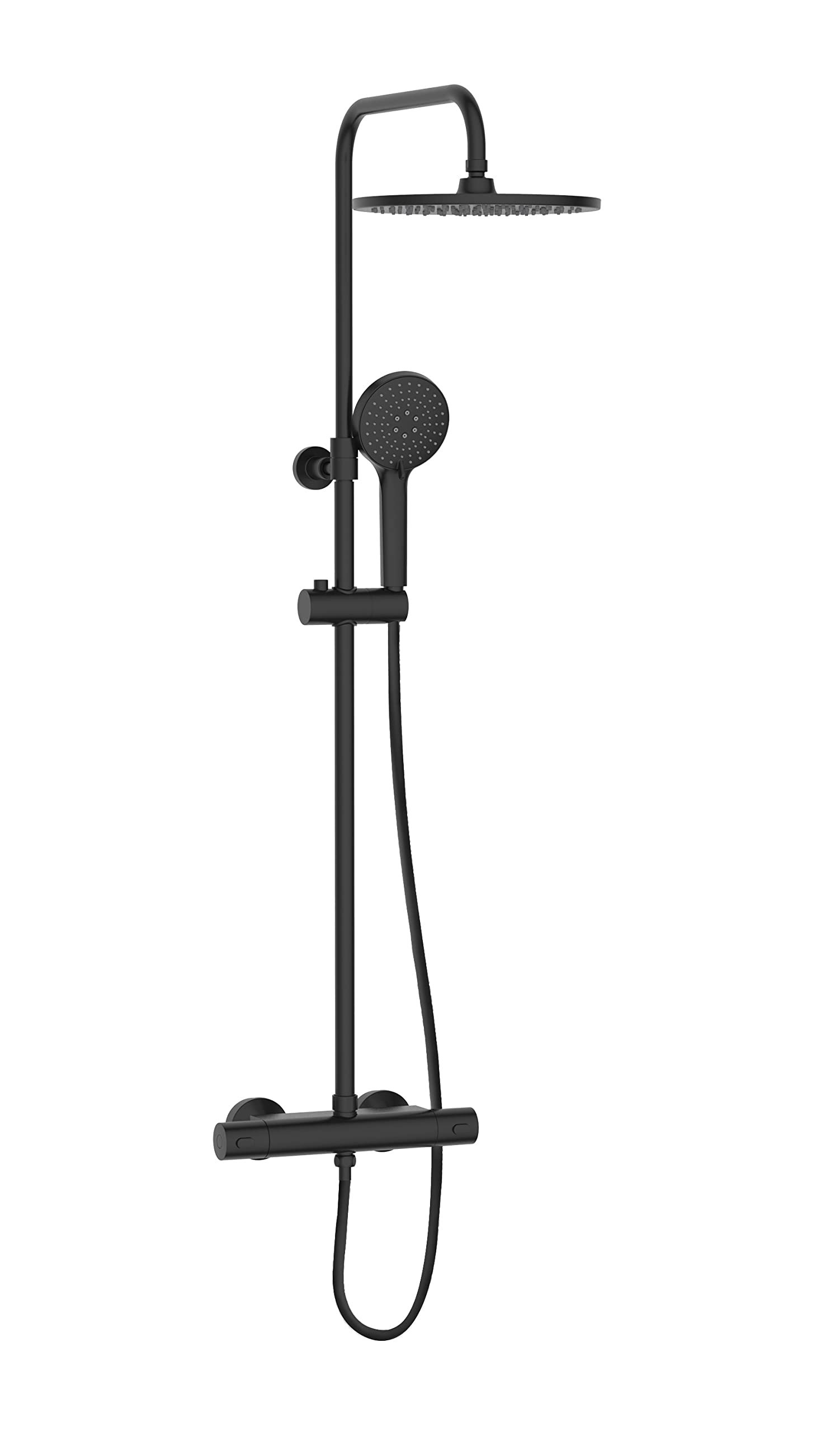 Bristan Buzz Thermostatic Diverter Bar Mixer Shower - Exposed Safe Touch Black Shower Mixer with Round Fixed Shower Head, Hose, and Multi Spray Pattern Shower Head, BUZ SHXDIVCTFF BLK