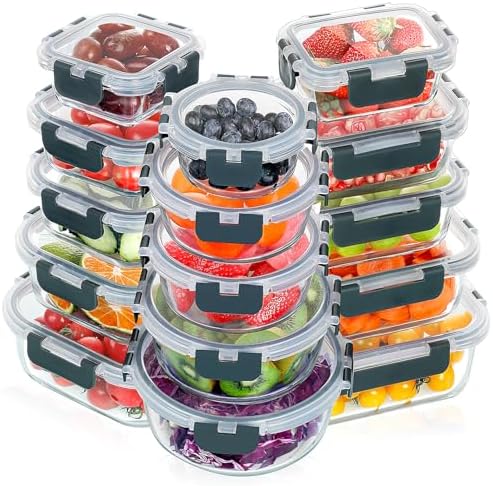 VERONES 30 Pieces Glass Meal Prep Containers Set, Stackable Glass Food Storage Containers with Lids-Airtight Lunch Containers，for Microwave, Oven, Freezer & Dishwasher,Grey - Thumbnail 3