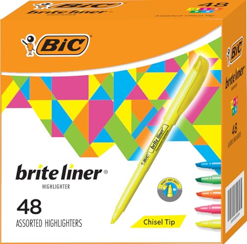 Image of BIC Brite Liner Colored Highlighters, Chisel Tip, 5 Assorted Colors 48 Pack | School Supplies for Students and Teachers, Ideal for Notes, Textbooks, and Classroom Use