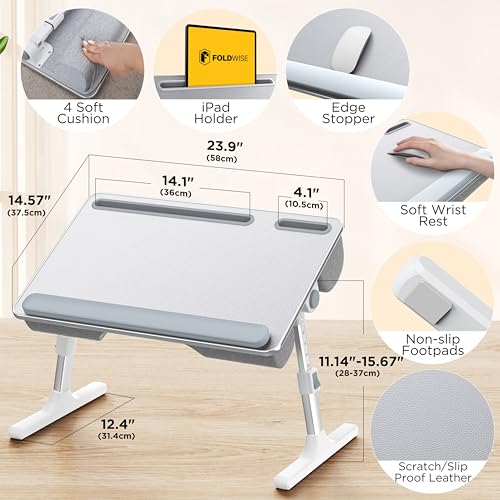 Image of 2-in-1 Bed & Lap Desk with Soft Cushion, Adjustable Height & Angle | Wrist Rest, Leather, iPad Holder & Stopper - Foldable Laptop Stand for Bed & Couch, Portable Bed Table Tray for Adults & Kids