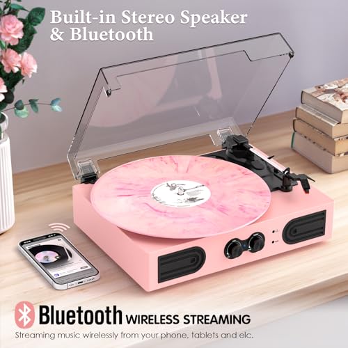Image of Vinyl Record Player with Built-in Speakers 3-Speed Vintage Record Player Support Treble& Bass Control, 3.5mm Headphone Jack, RCA-Out /Aux in, Belt-Driven LP Turntable,Pink
