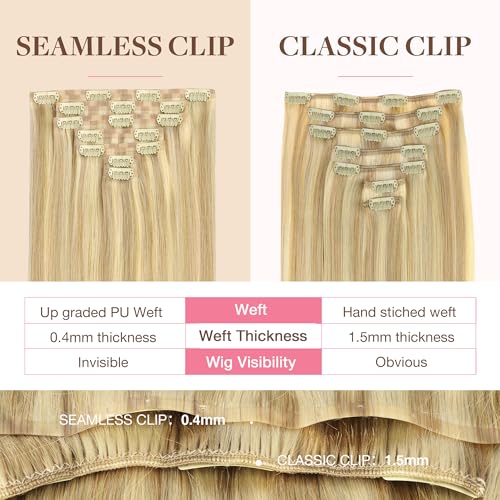Image of GOO GOO Clip in Hair Extensions Real Human Hair, Remy Human Hair Extensions Clip ins for Women, Natural Human Hair, 18inch 130g 7Pcs, 18D /22F Dirty Blonde Highlights