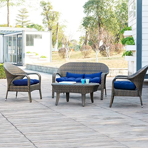 Image of QILLOWAY Outdoor Wicker Cushion Set of 5 - Waterproof Fade Resistant Patio Furniture Cushions, Loveseat 2 U-Shape 2 Lumbar Pillows for Porch, Bench, Backyard, Garden, Royal Blue