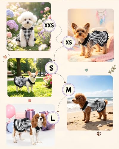 Image of CuteBone Vintage Houndstooth Pet Dress with Peter Pan Collar - Classic Black & White Pattern - Sleeveless Ruffled Skirt with Bow for Small Dogs, Cats - Elegant Daily & Party Wear