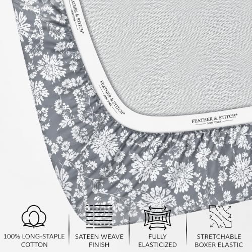 Image of Feather & Stitch Printed 500 TC Split King Size Sheet Set, 5 Piece Bed Sheets Set, 2 Twin Fitted Sheet, 1 King Flat Sheet & 2 King Pillowcases, 18 inch Deep Pockets Sateen Weave - Grey Botanical