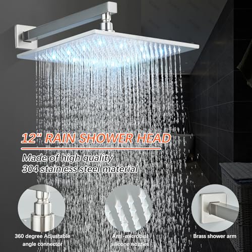 Sistema de ducha eléctrica con cabezal lluvia LED de 12 pulgadas y ducha de mano, acabado niquel cepillado, válvula mezcladora y cuerpo de instalación incluidos miniatura 2