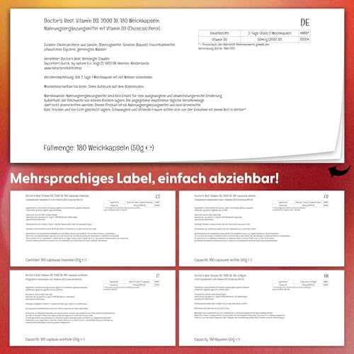 Doctor's Best, Vitamin D3, 2.000IU, 2-Tages-Depot, 180 Kapseln, Laborgeprüft, Glutenfrei, Sofafrei