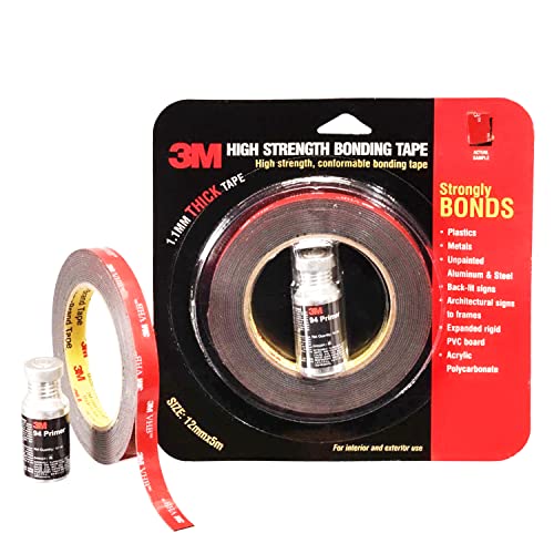 3M High Strength Double Side Bonding Tape for Plastic, Metal, Interior & Exterior Use, Multiple Surface Acrylic Adhesive (12mmX5m, 1 Roll+Primer) (Image - 1)