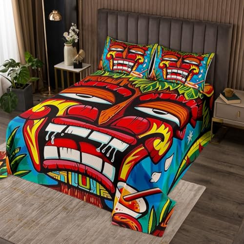 Erosebridal Tiki Bar Quilt Set Abstract Tiki Warrior Design Bedspread Sets Tropical Hawaii Theme Coverlet Sets Colorful Totem Culture Bedding Set Twin Size for Kids Boys Girls