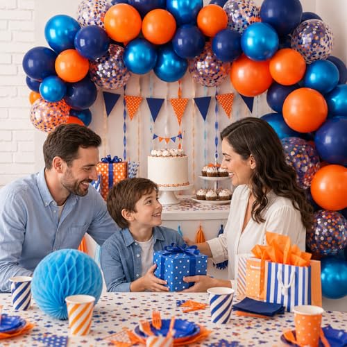 Image of Blue and Orange Party Balloons, 50Pcs 12 Inch Confetti Metallic Blue Latex | Orange and Metallic Blue Balloons for Boys Birthday Baby Shower Wedding Boys Graduation Family Party Photo Backdrop Decor