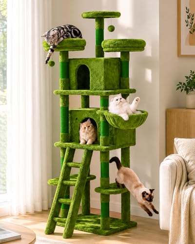 Image of Large Cat Tree, XL Multi-Level Cat Tower for Small & Large Cats with 2 Condos, 3 Perches & Hanging Hammock, Soft Plush Natural Sisal Scratching Posts, Stable for Multi-cat Families (Green)
