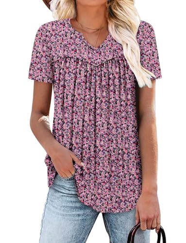 KISSMODA Tops for Womens Summer Cute Short Sleeve Shirts Trendy Notched Neck Blouses Casual Loose Pleated Tunics S-3Xl